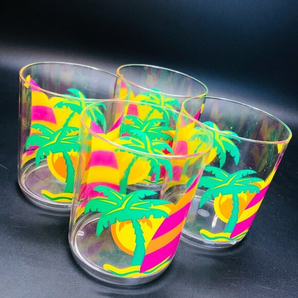 80s Gas station Premium Promo Tropical Sail Boat Plastic Drinking Cup Set of 4 - Picture 3 of 10